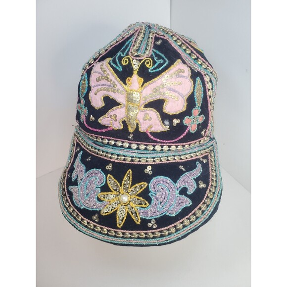 Vintage Womens Beaded Aplique Wide Brim Baseball Cap Hat Made In Burma Sz L main image 8
